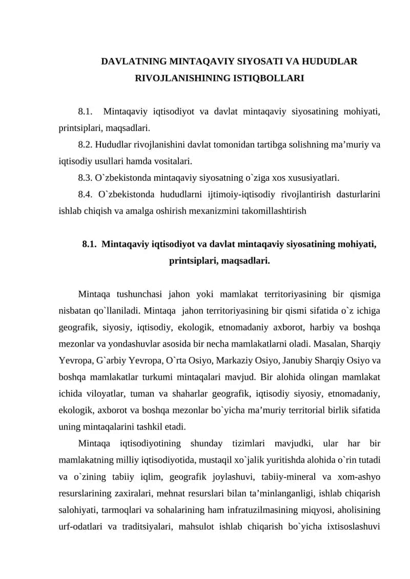 DAVLATNING MINTAQAVIY SIYOSATI VA HUDUDLAR RIVOJLANISHINING ISTIQBOLLARI 1