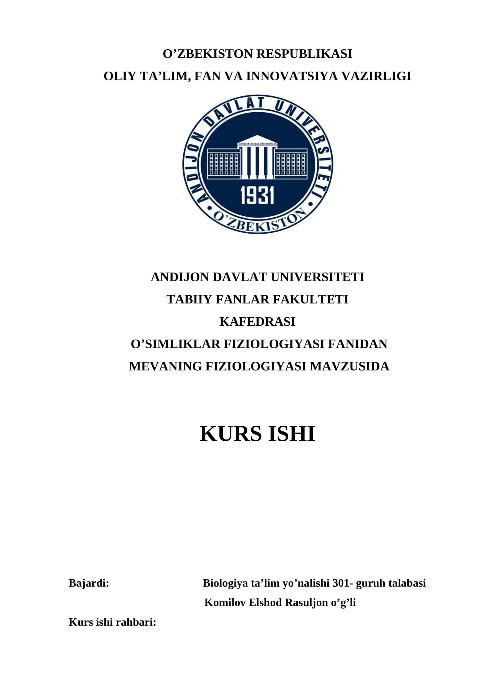 MEVANING FIZIOLOGIYASI MAVZUSIDA KURS ISHI 1
