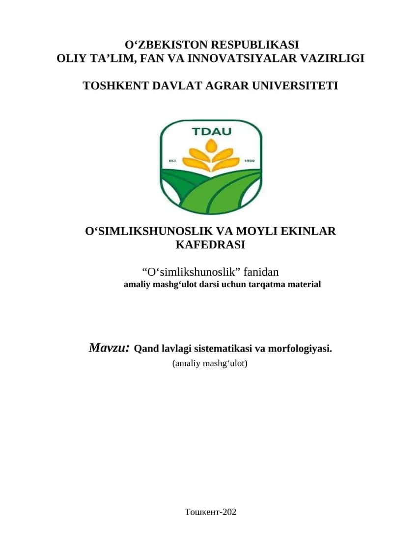 Qand lavlagi sistematikasi va morfologiyasi 1
