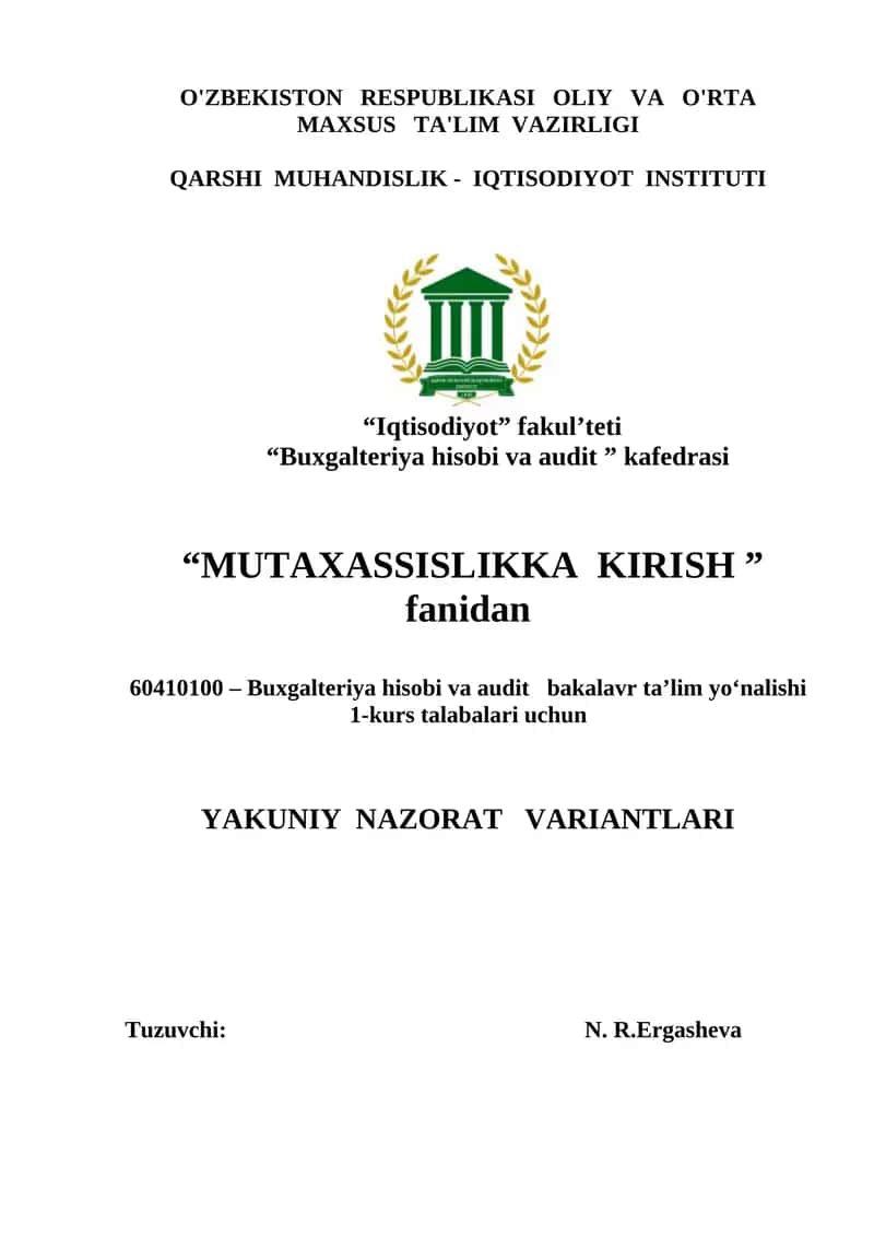 Mutaxassislikka kirish yakuniy nazorat savollari 1
