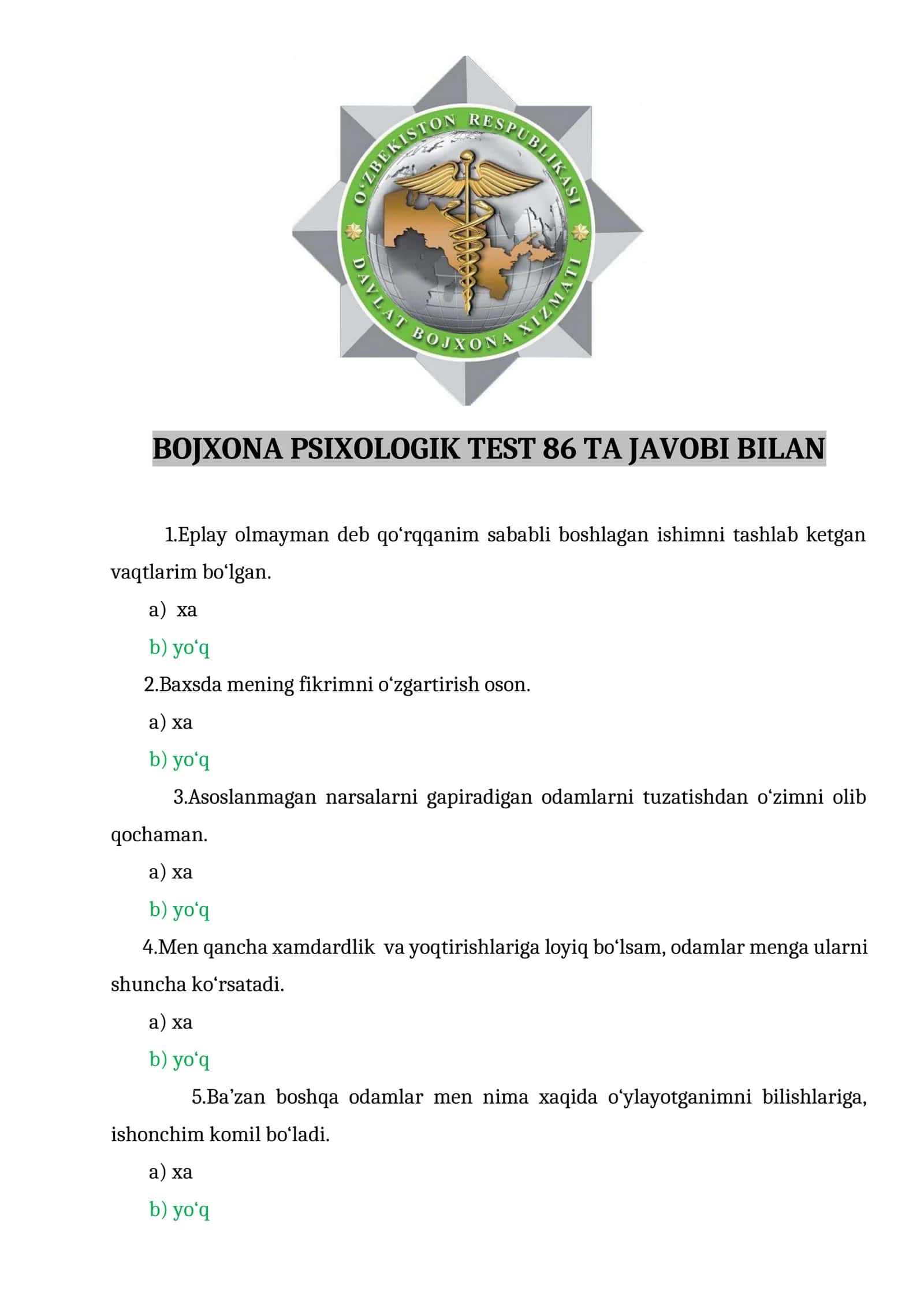 BOJXONA PSIXOLOGIK TEST 86 TA JAVOBI BILAN 1
