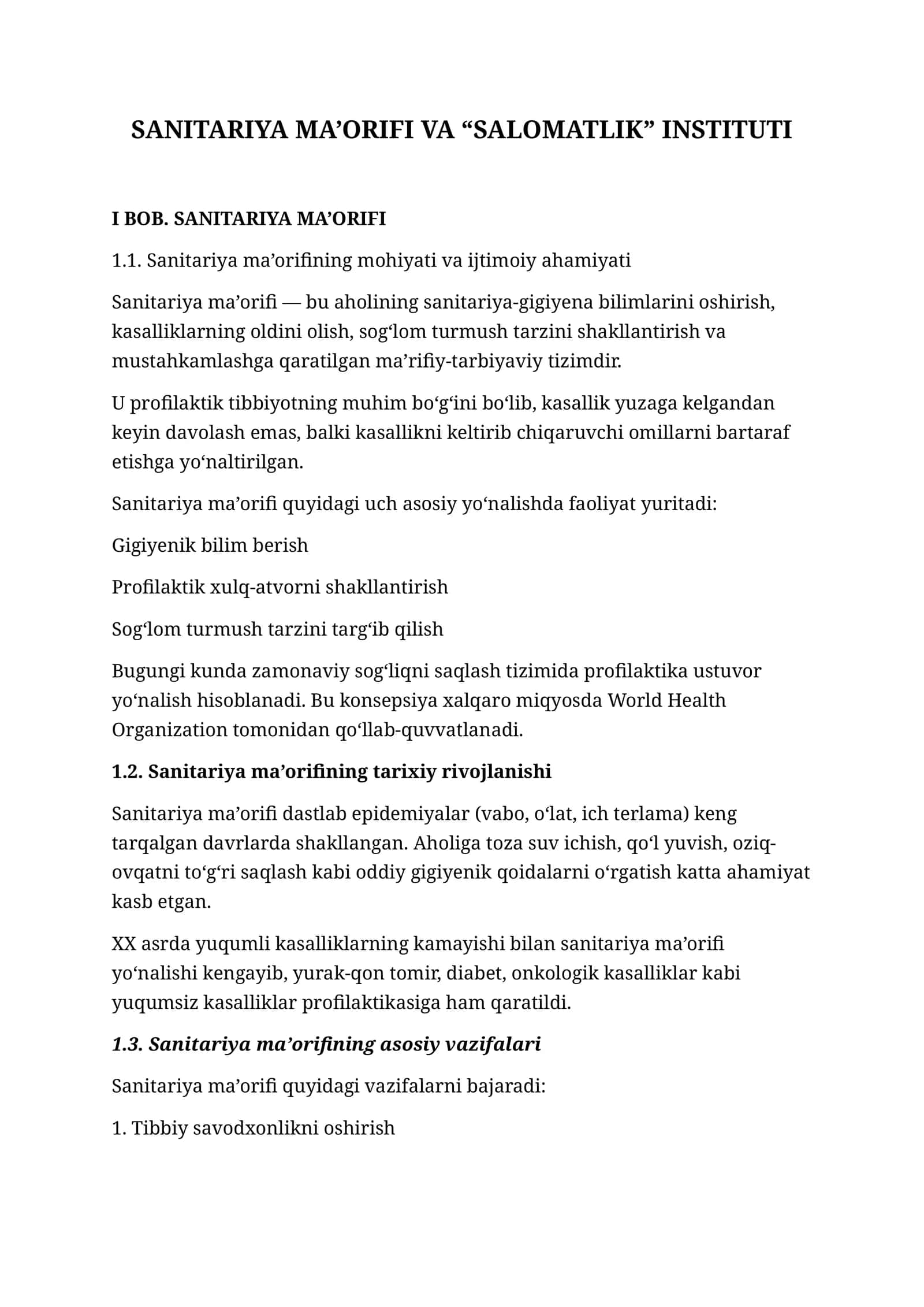 SANITARIYA MA’ORIFI VA “SALOMATLIK” INSTITUTI 1