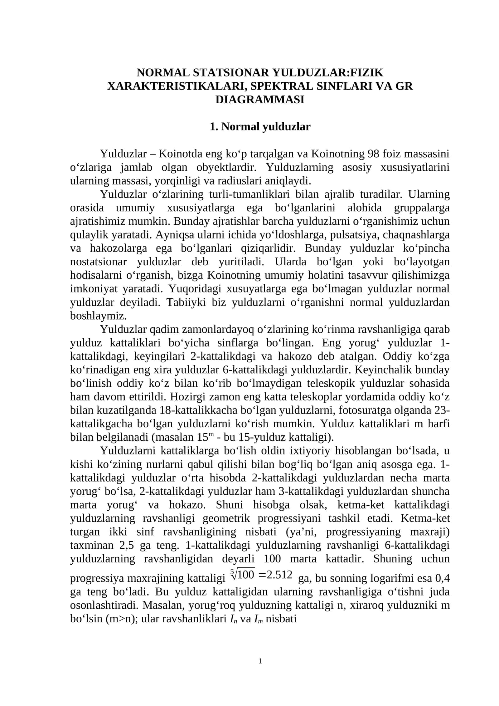 Normal Statisonar Yulduzlar:Fizik Xarakteristikalari, Spektral Sinflari va GR Diagrammasi 1