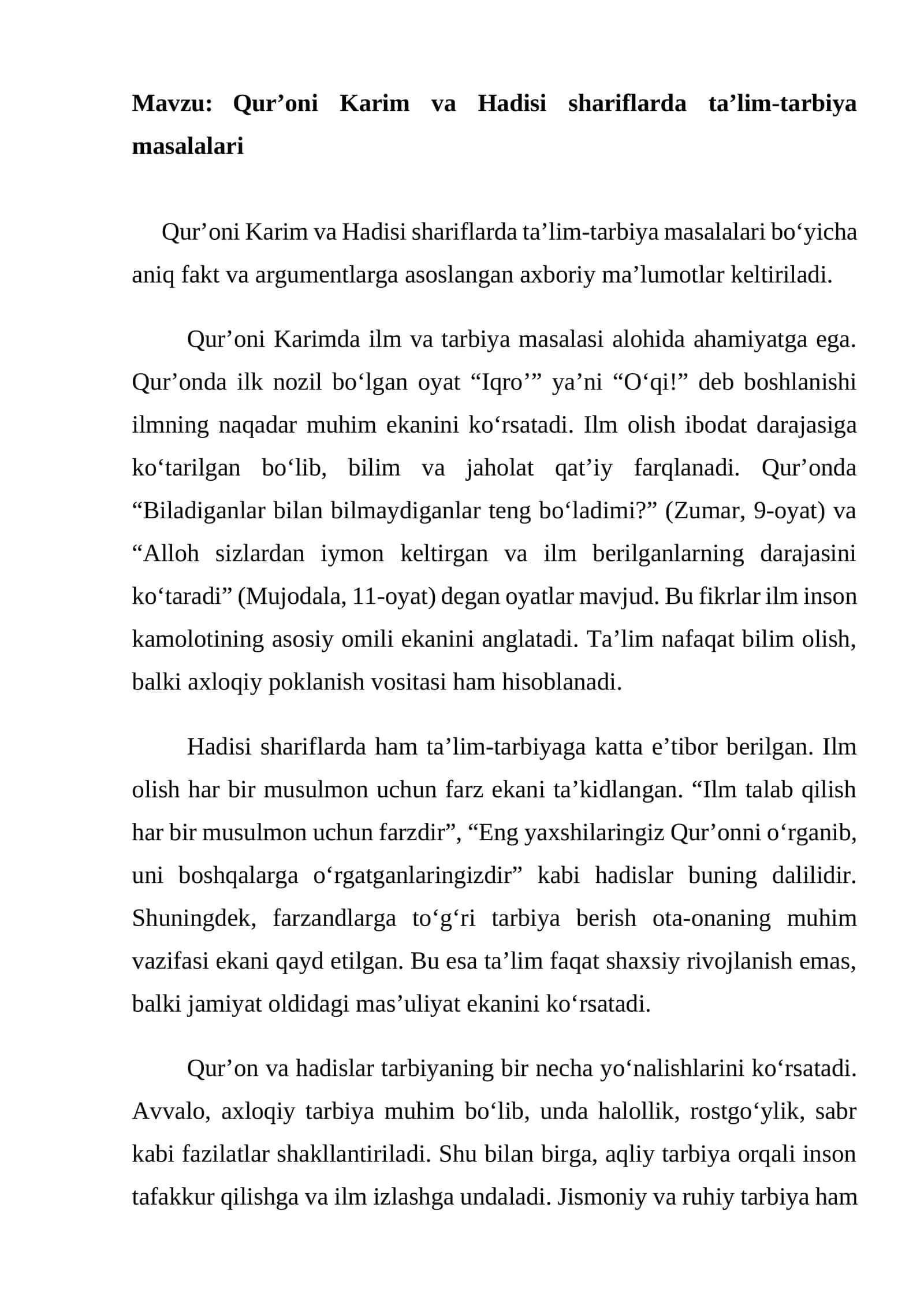 Qur’oni Karim va Hadisi shariflarda ta’lim-tarbiya masalalari 1