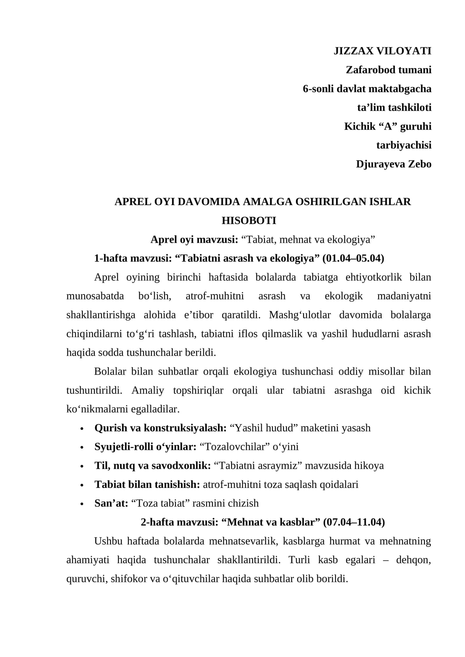 Maktabgacha ta'lim tarbiyachsi Aprel hisoboti 1