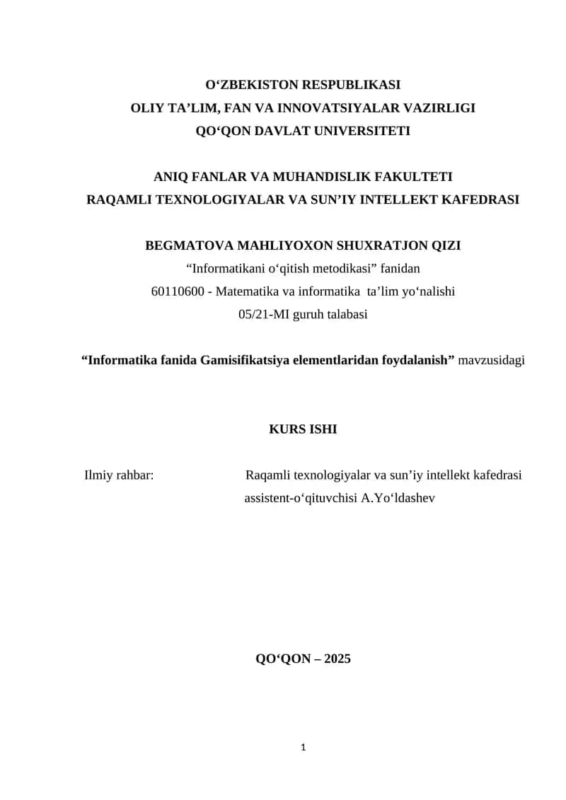 Informatika fanida Gamisifikatsiya elementlaridan foydalanish 1