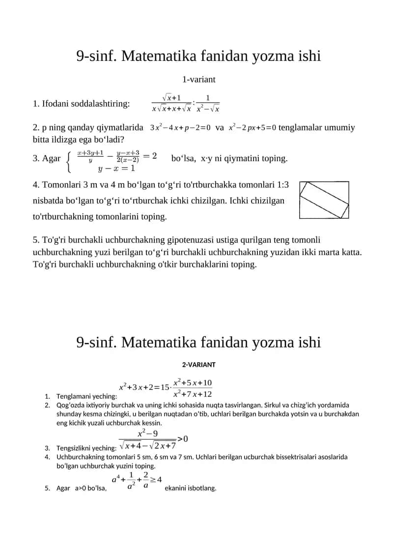 9-sinf. Matematika fanidan yozma ishi 1