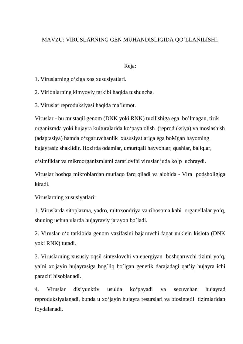 VIRUSLARNING GEN MUHANDISLIGIDA QO`LLANILISHI. 1