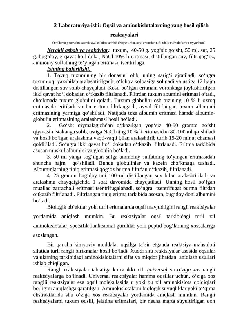 Oqsil va aminokislotalarning rang hosil qilish reaksiyalari 1