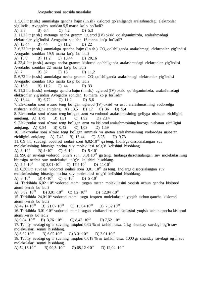 Avogadro soni asosida masalalar 1