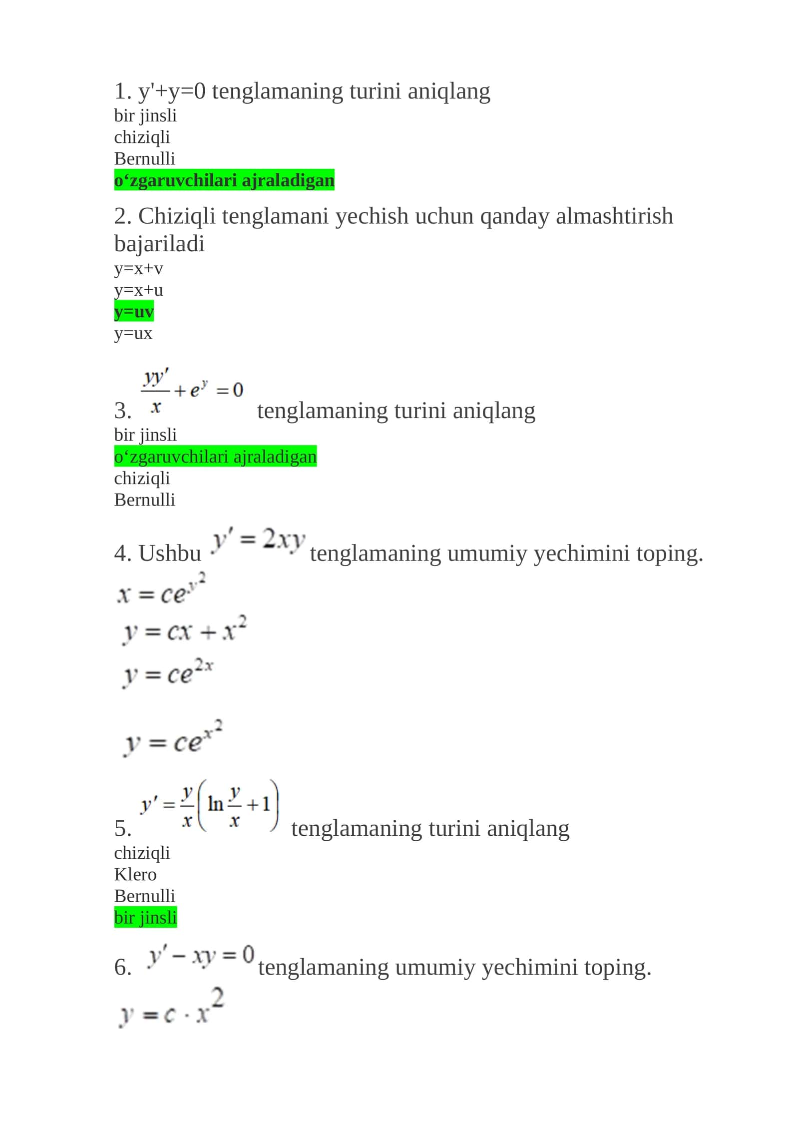 y'+y=0 tenglamaning turini aniqlang 1