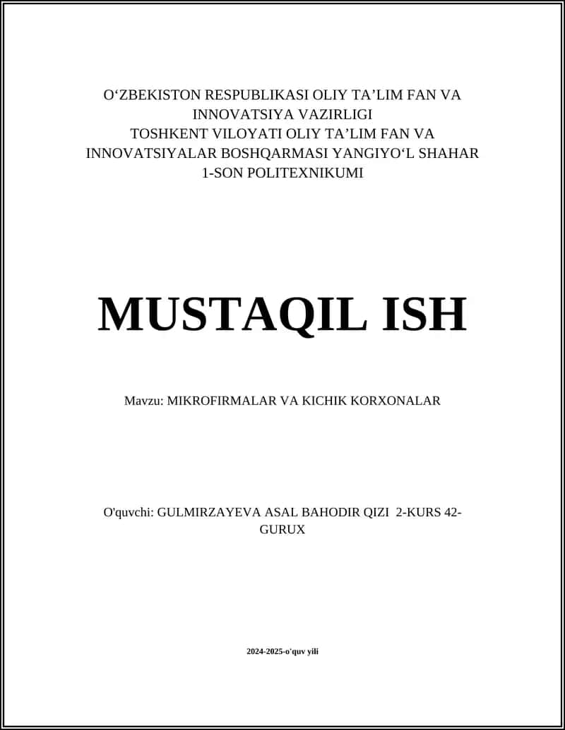 Kichik biznesni tashkil qilish jarayonlari 1