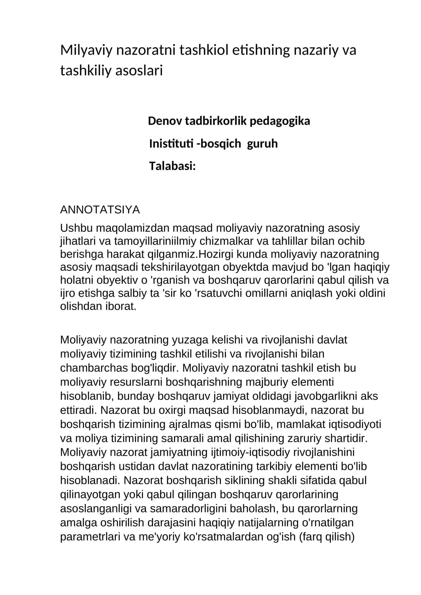 Moliyaviy nazoratni tashkiol etishning nazariy va tashkiliy asoslari 1