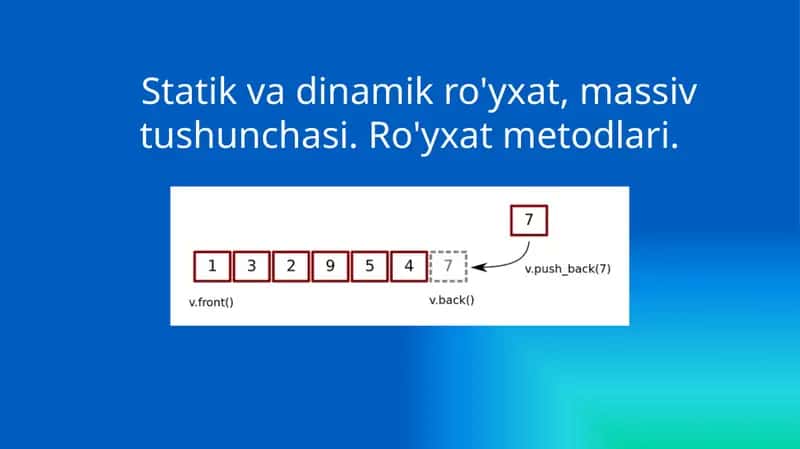 Statik va dinamik ro`yxat massiv tushunchasi ro`yxat metodlari 1