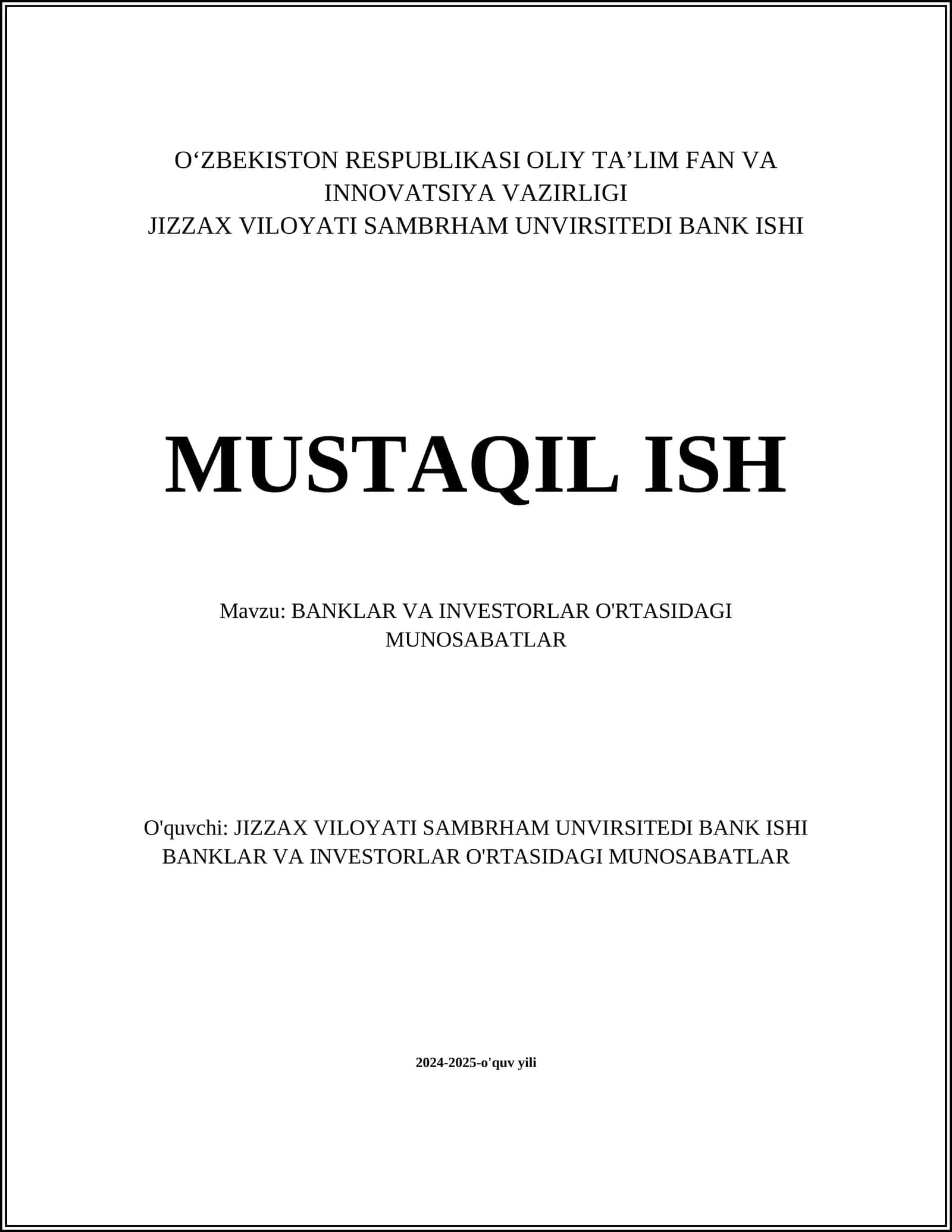 BANKLAR VA INVESTORLAR O'RTASIDAGI MUNOSABATLAR 1