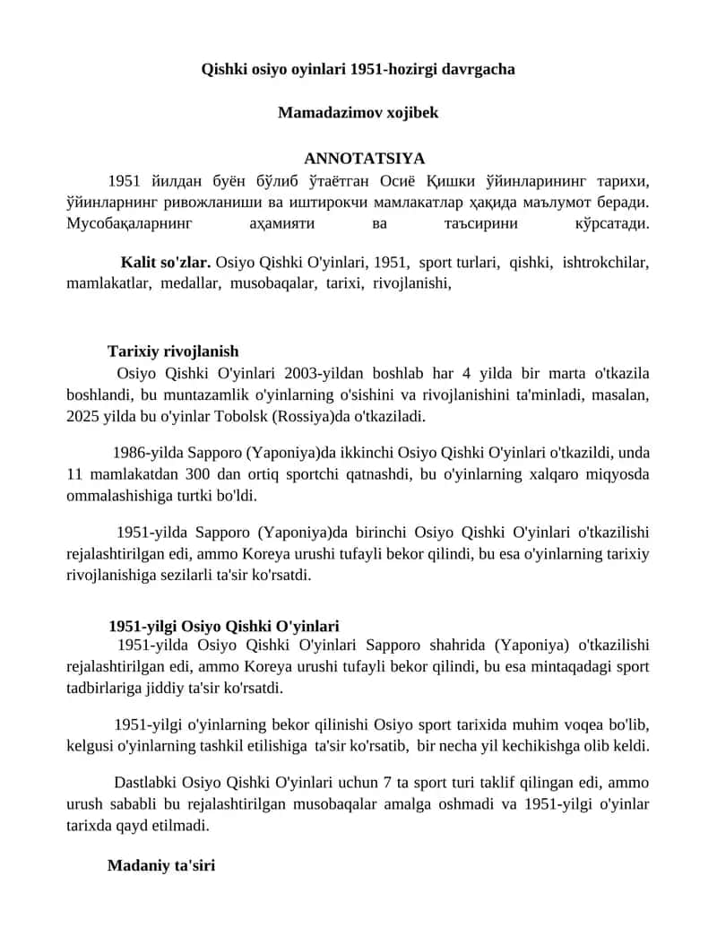 Qishki osiyo oyinlari 1951-hozirgi davrgacha 1