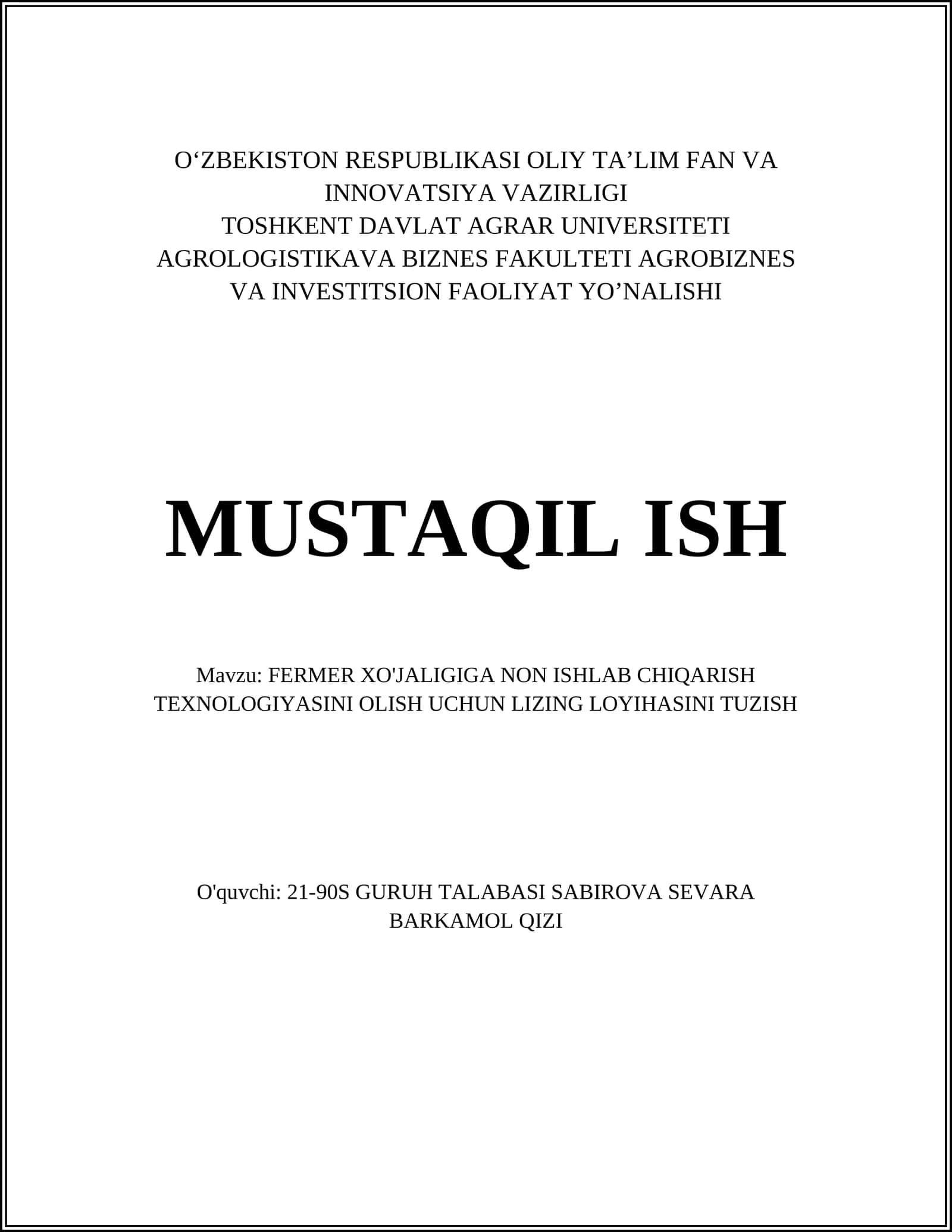 FERMER XO'JALIGIGA NON ISHLAB CHIQARISH TEXNOLOGIYASINI OLISH UCHUN LIZING LOYIHASINI TUZISH 1