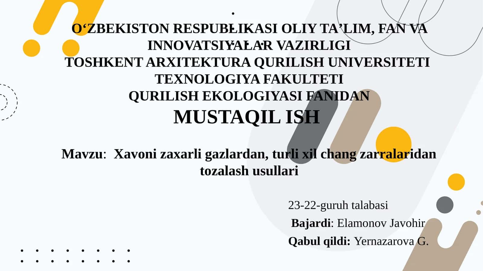 Xavoni xar xil gazlardan, turli xil chang zarralaridan tozalash usullari 1