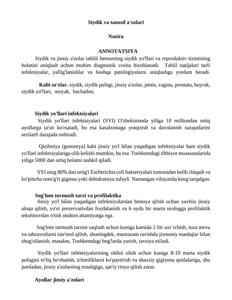 Siydik va tanosil a'zolari 1