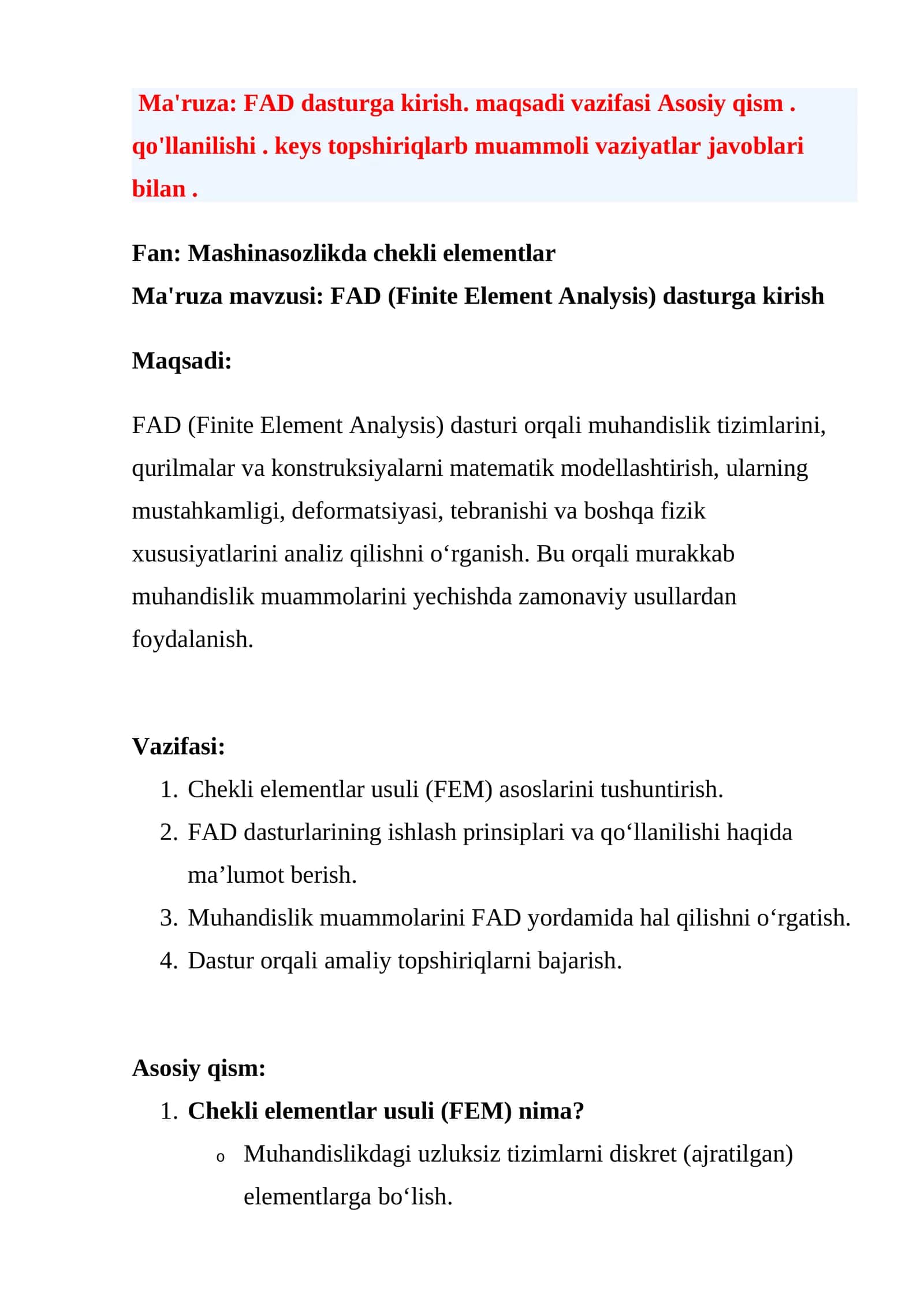 FAD (Finite Element Analysis) dasturga kirish 1
