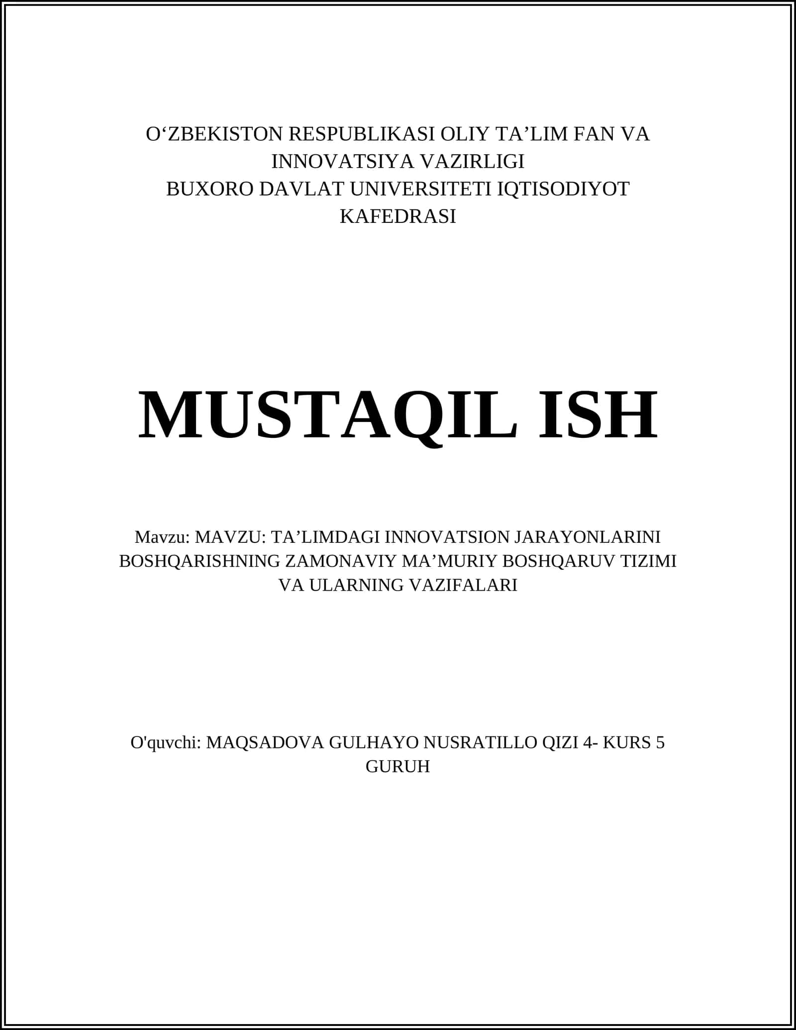 TAʼLIMDAGI INNOVATSION JARAYONLARINI BOSHQARISHNING ZAMONAVIY MAʼMURIY BOSHQARUV TIZIMI VA ULARNING VAZIFALARI 1