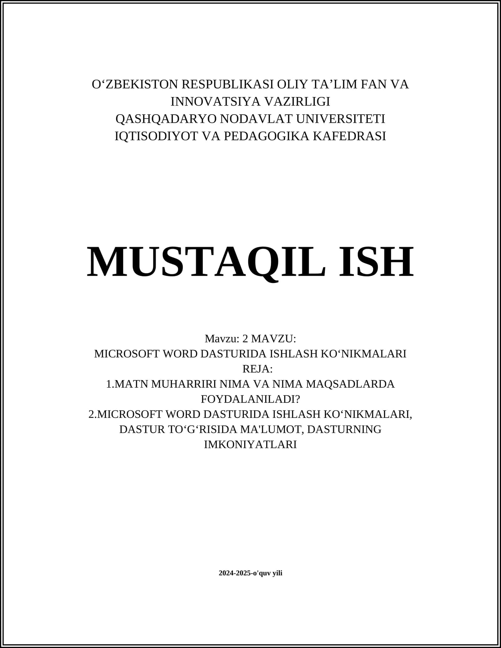 MICROSOFT WORD DASTURIDA ISHLASH KOʻNIKMALARI 1