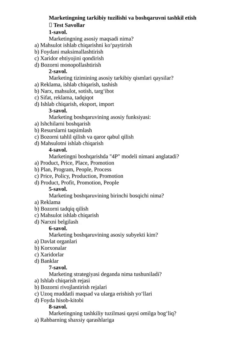 Marketingning tarkibiy tuzilishi va boshqaruvni tashkil etish 1