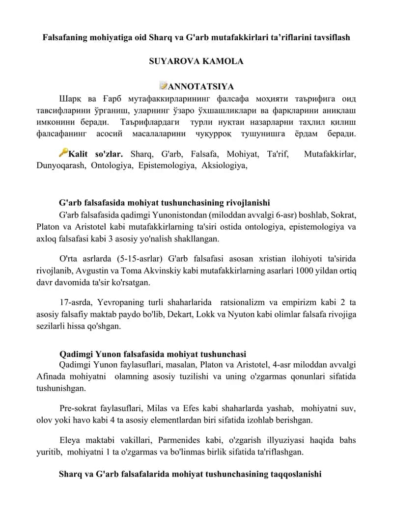 Falsafaning mohiyatiga oid Sharq va G'arb mutafakkirlari taʼriflarini tavsiflash 1