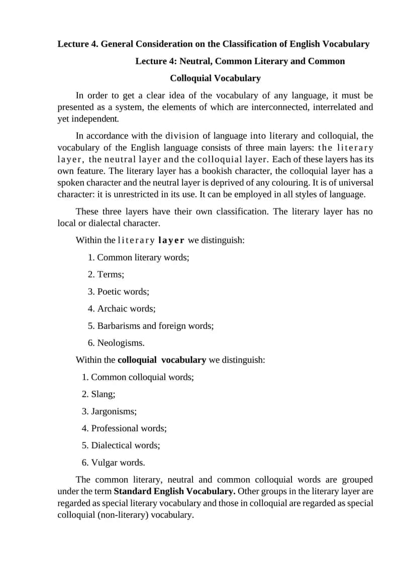 Lecture 4. General Consideration on the Classification of English Vocabulary 1