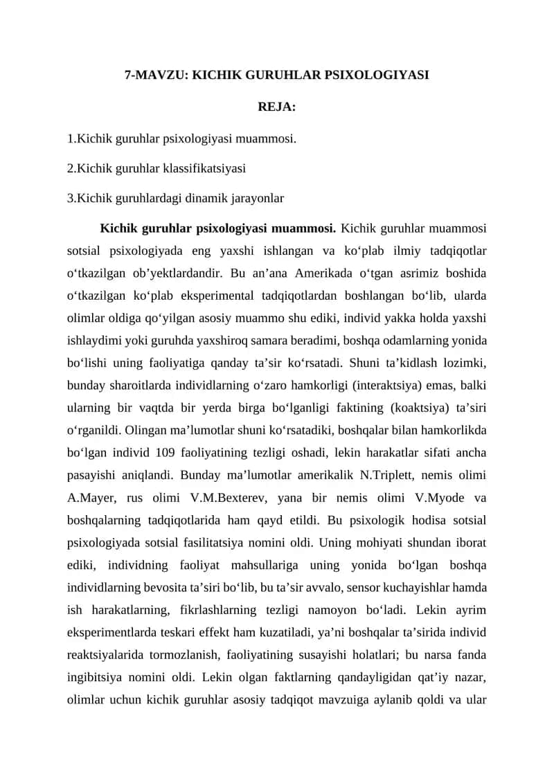 KICHIK GURUHLAR PSIXOLOGIYASI 1