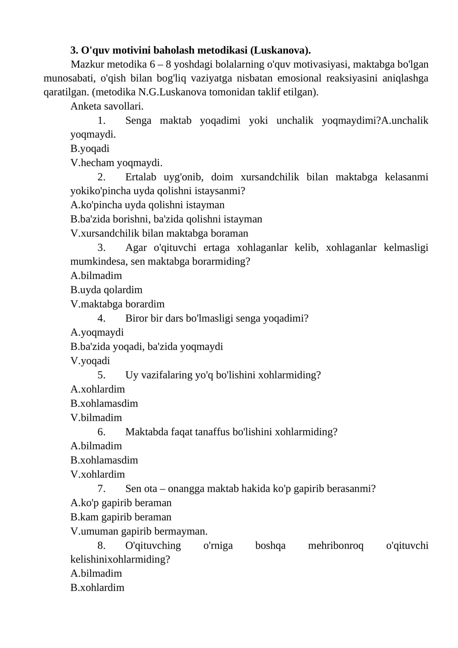 O'quv motivini baholash metodikasi (Luskanova) 1