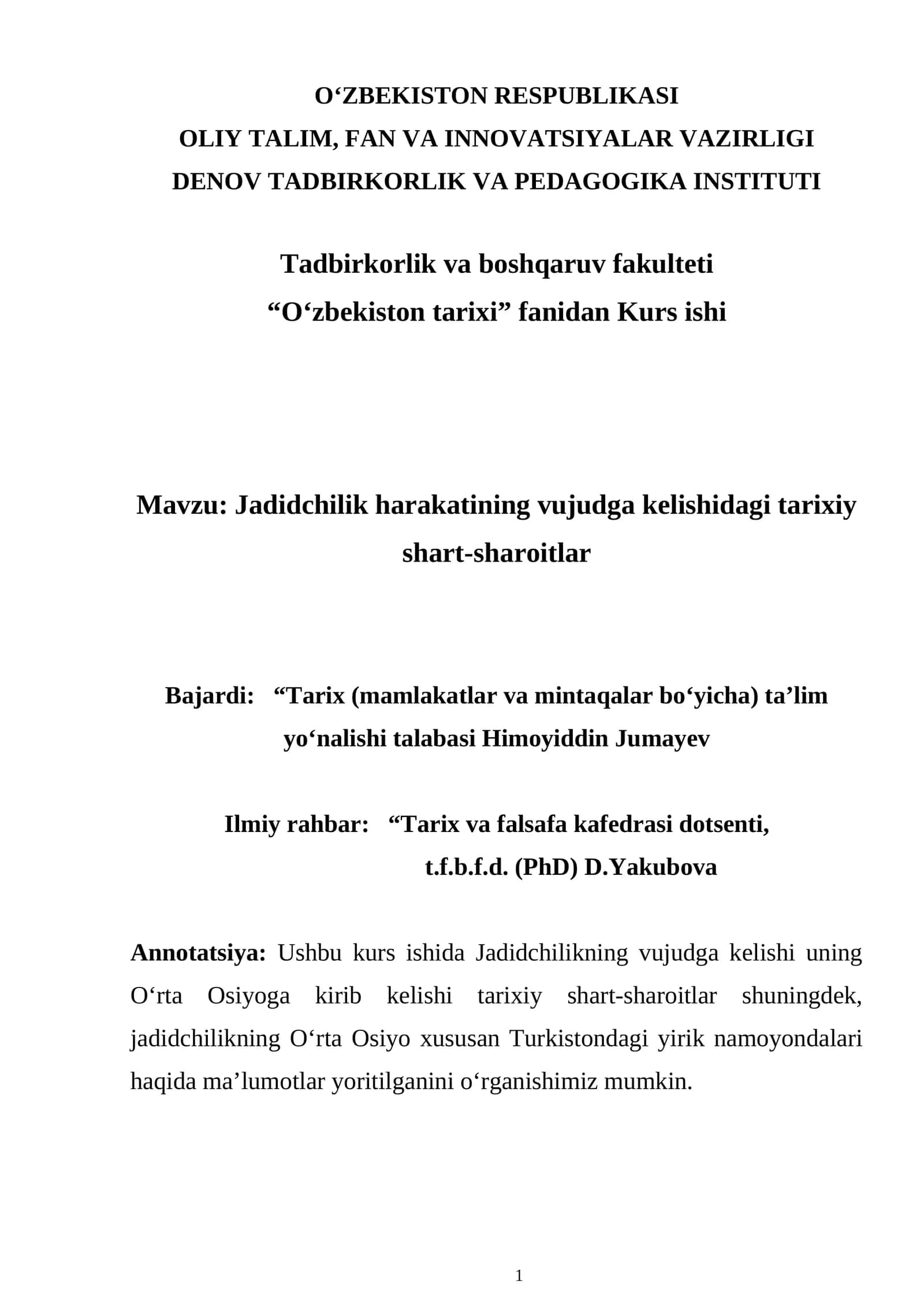 Jadidchilik harakatining vujudga kelishidagi tarixiy shart-sharoitlar 1