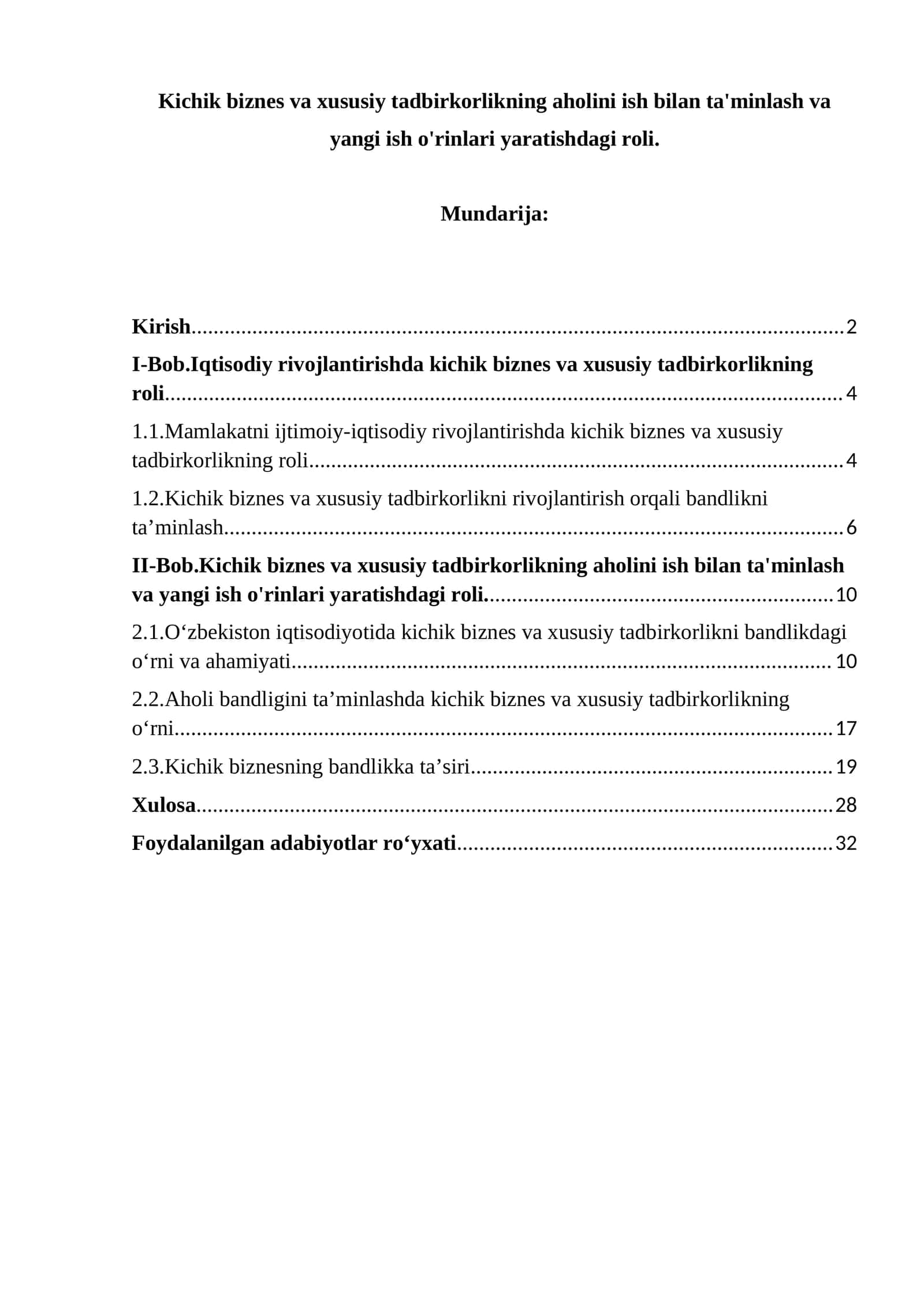Kichik biznes va xususiy tadbirkorlikning aholini ish bilan ta'minlash va yangi ish o'rinlari yaratishdagi roli 1
