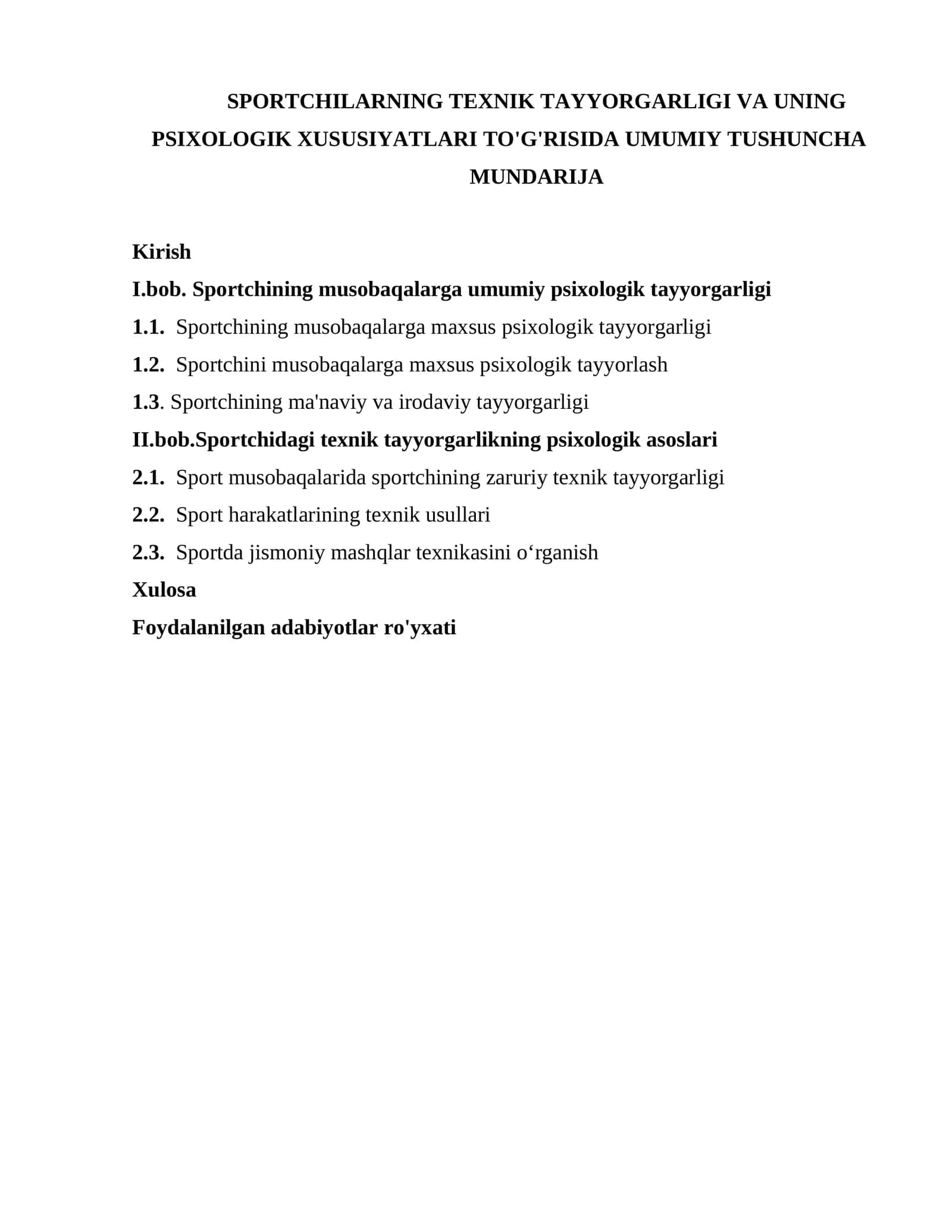 SPORTCHILARNING TEXNIK TAYYORGARLIGI VA UNING PSIXOLOGIK XUSUSIYATLARI TO'G'RISIDA UMUMIY TUSHUNCHA 1