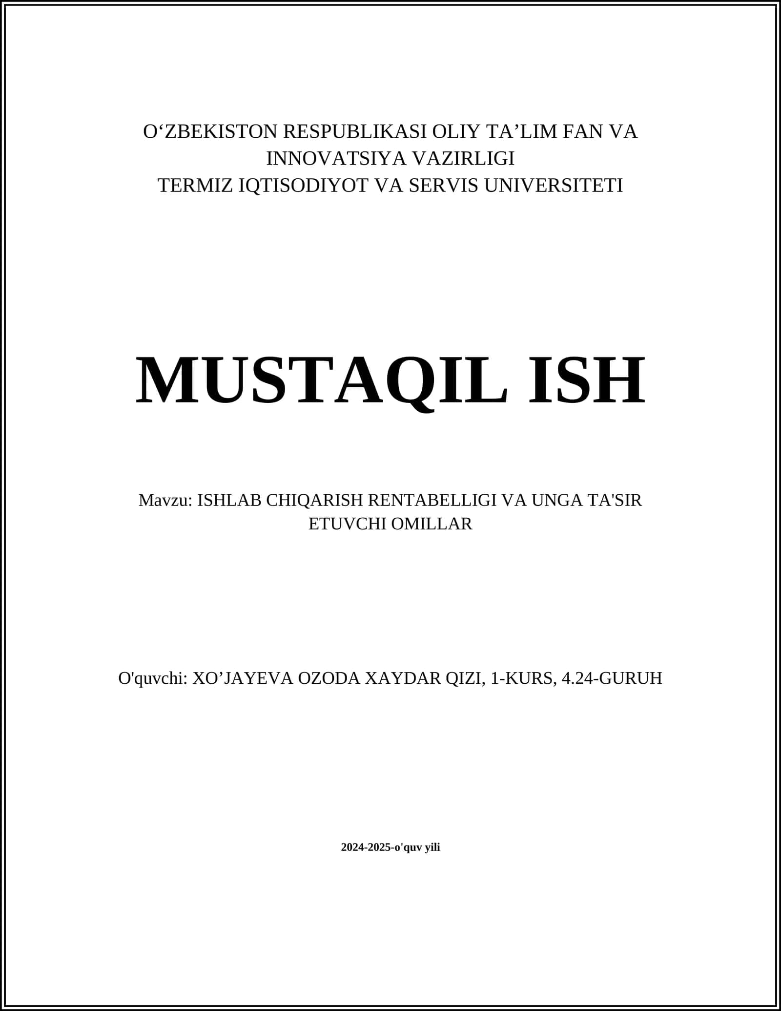 ISHLAB CHIQARISH RENTABELLIGI VA UNGA TA'SIR ETUVCHI OMILLAR 1