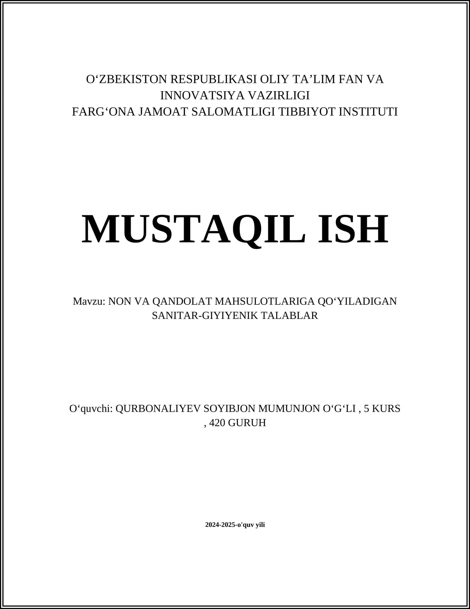 NON VA QANDOLAT MAHSULOTLARIGA QOʻYILADIGAN SANITAR-GIYIYENIK TALABLAR 1