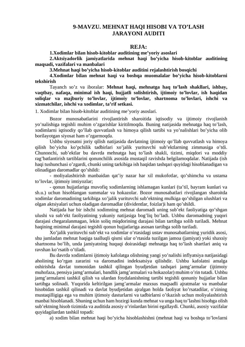 Mehnat haqi hisobi va to'lash auditining jarayoni 1