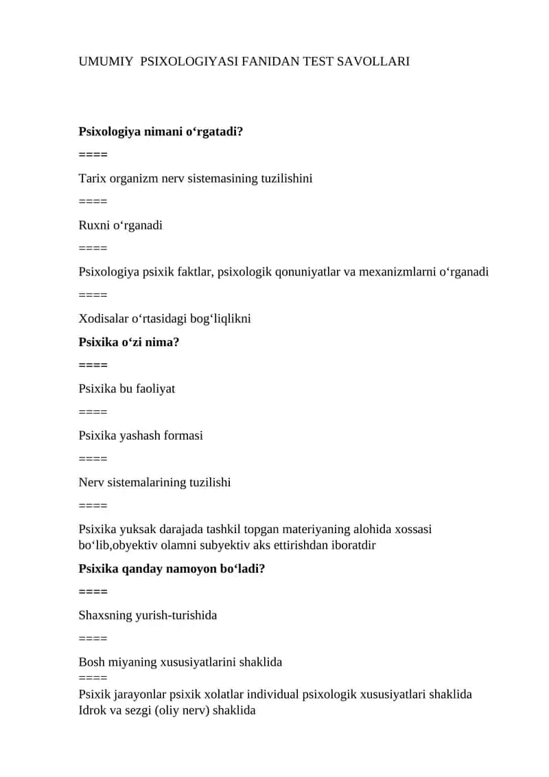 UMUMIY PSIXOLOGIYASI FANIDAN TEST SAVOLLARI 1