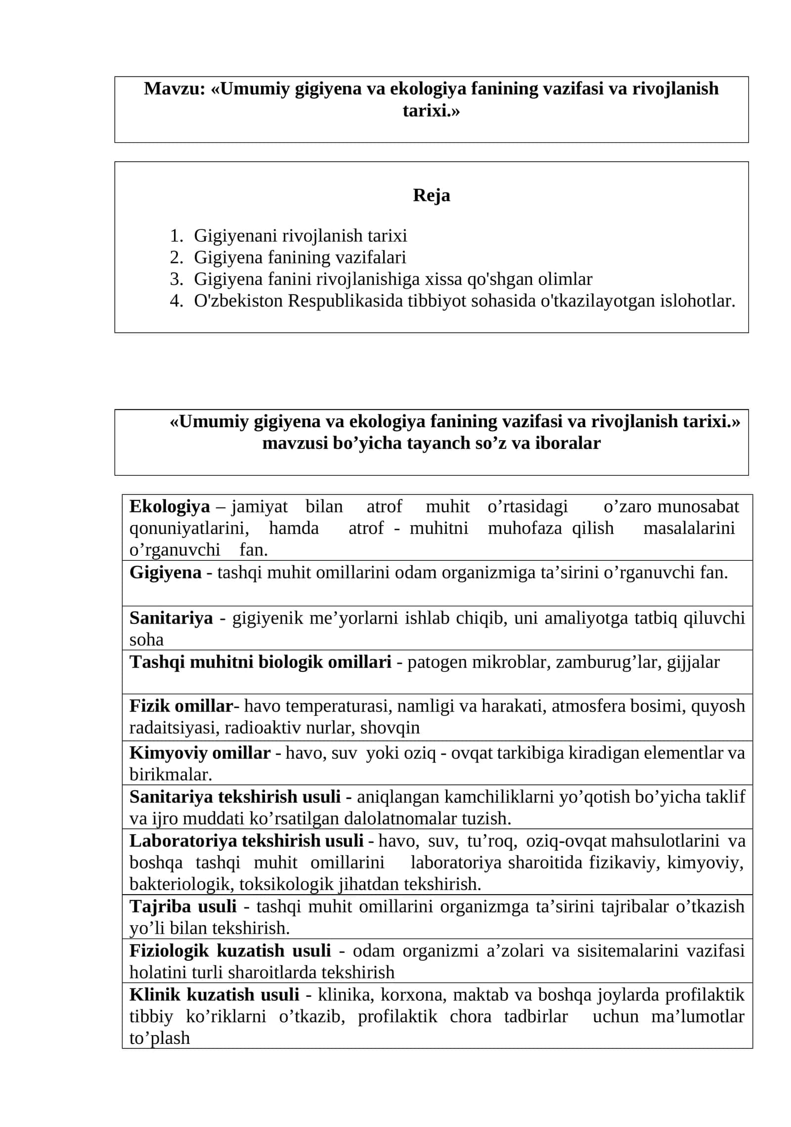 Umumiy gigiyena va ekologiya fanining vazifasi va rivojlanish tarixi 1