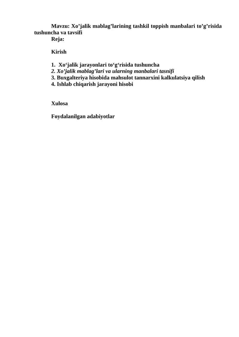 Xo'jalik mablag'lari va ularning manbalari tasnifi 1