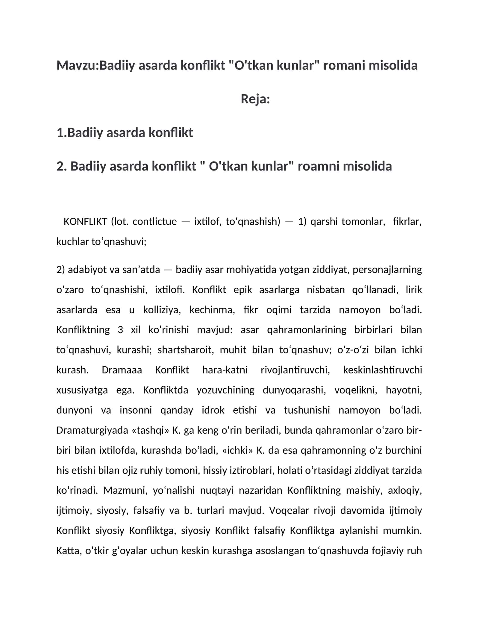 Badiiy asarda konflikt "O'tkan kunlar" romani misolida 1