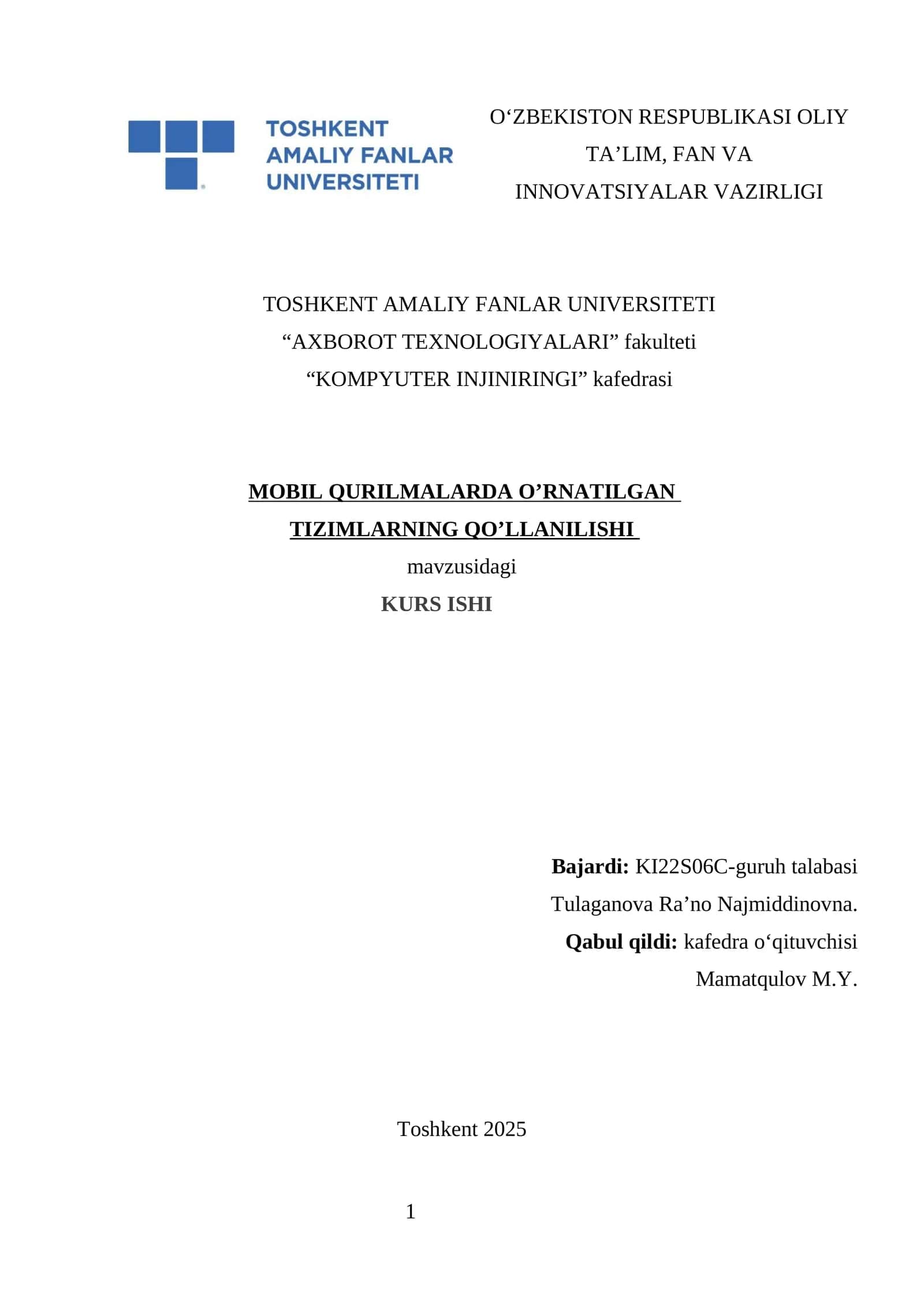 MOBIL QURILMALARDA O’RNATILGAN TIZIMLARNING QO’LLANILISHI 1