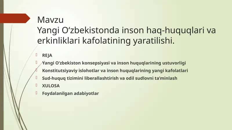 Mavzu Yangi O'zbekiston inson haq huquqlari haqida. 1