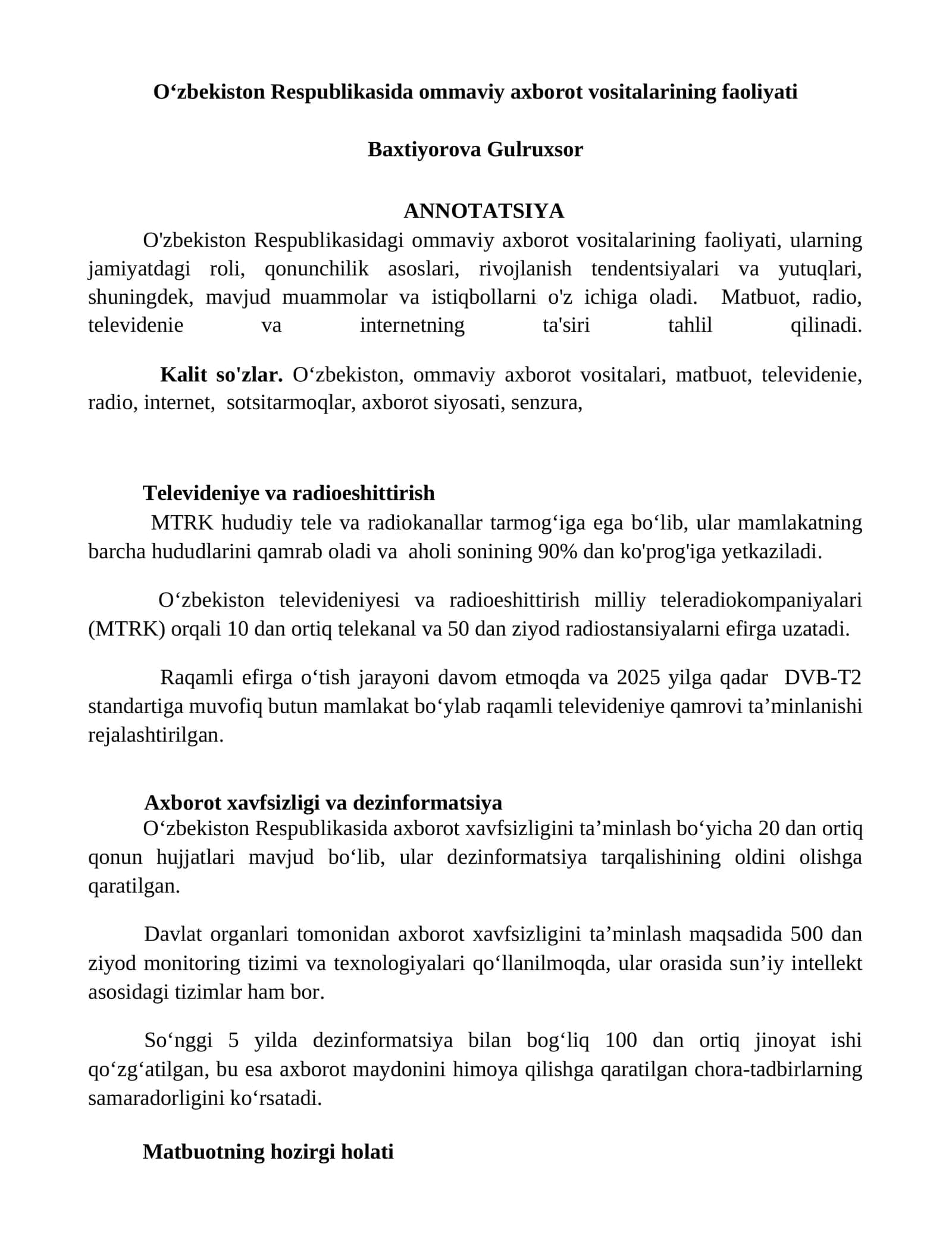 O‘zbekiston Respublikasida ommaviy axborot vositalarining faoliyati 1