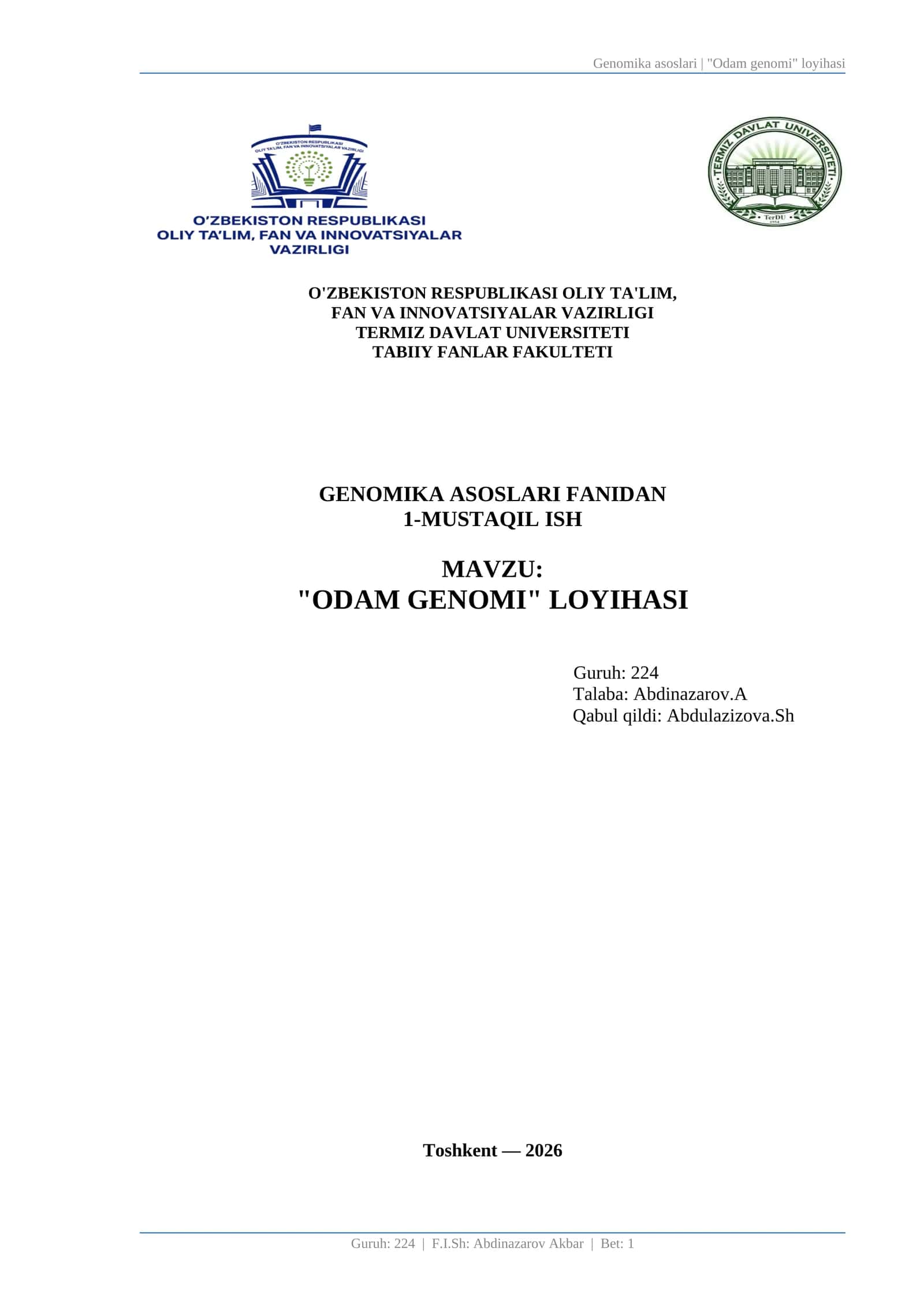 "ODAM GENOMI" LOYIHASI 1