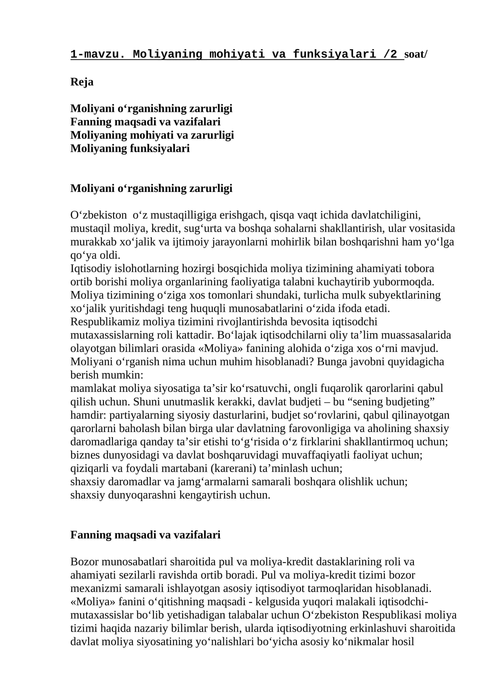 Moliyaning mohiyati va funksiyalari 1