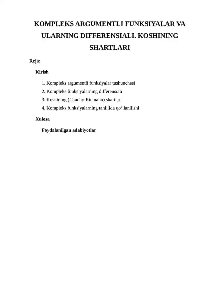 Kompleks argumentli funksiyalar va ularning differensiali