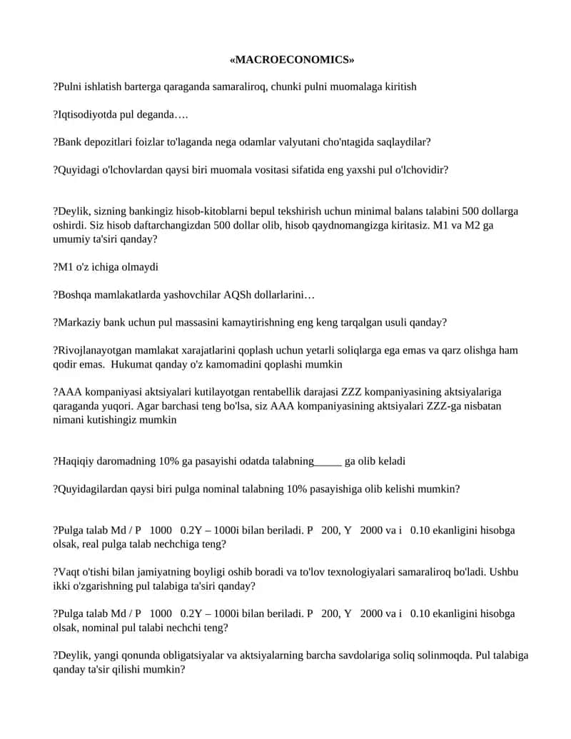 MACROECONOMICS test savollari 1