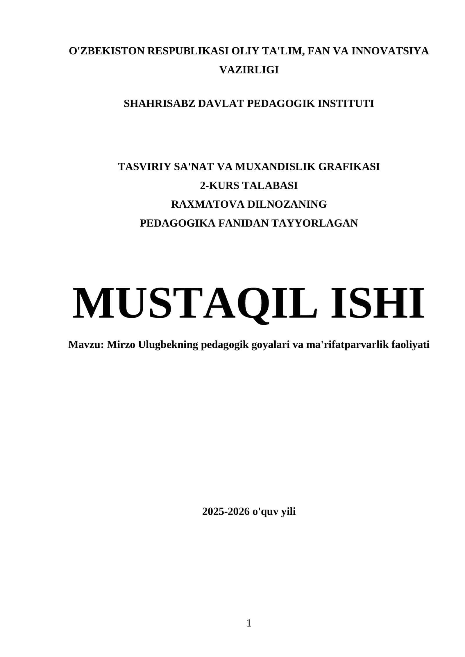 TASVIRIY SA'NAT VA MUXANDISLIK GRAFIKASI, 2-KURS TALABASI 1