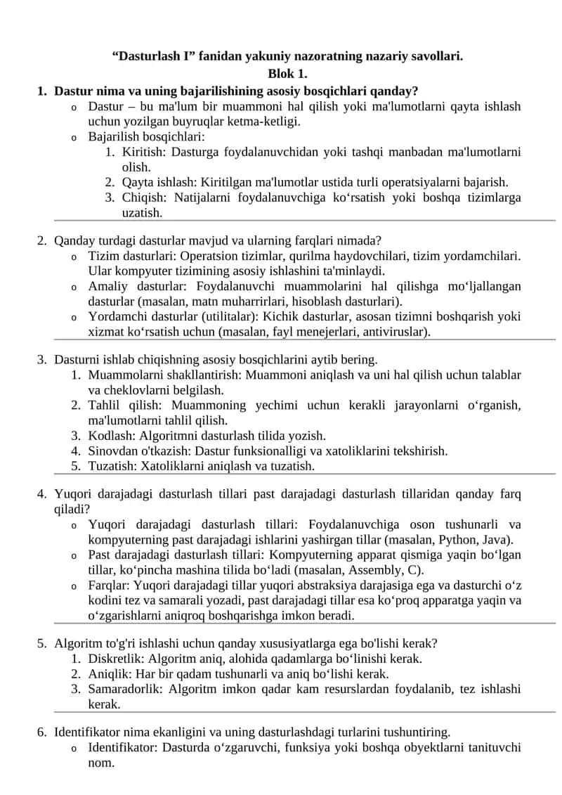 Dasturlash I fanidan yakuniy nazoratning nazariy savollari 1
